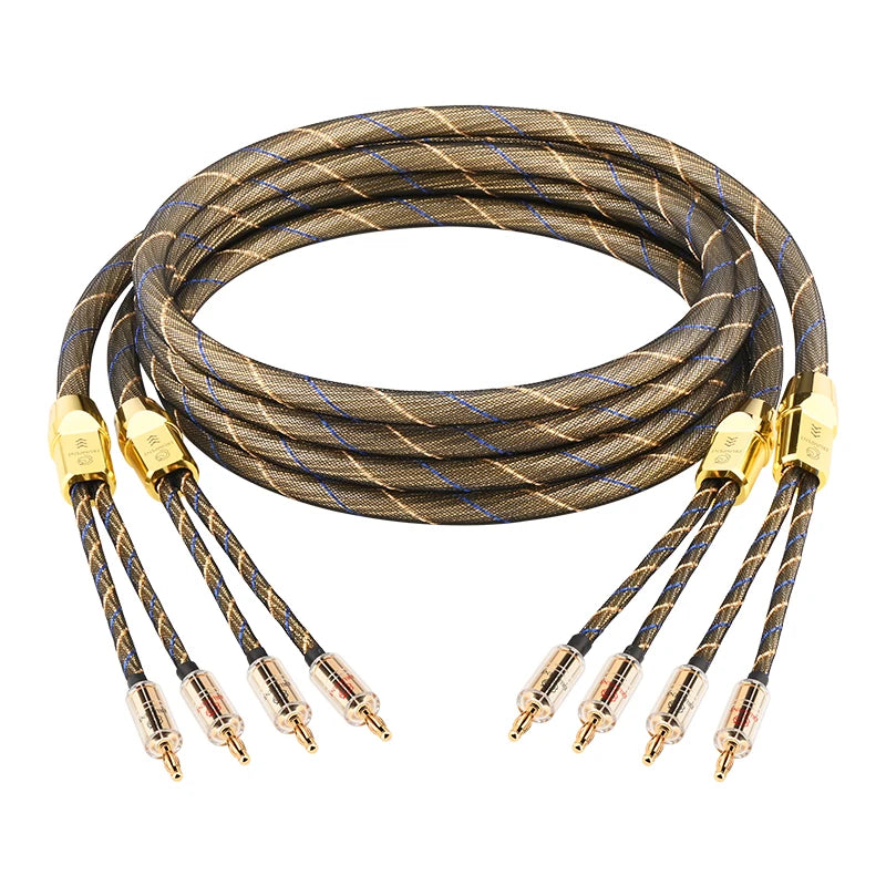 One Pair HiFi Speaker Cable High-end OCC Silver Plated Audio Amplifier Cable With Banana Gold Plating Plug Cable