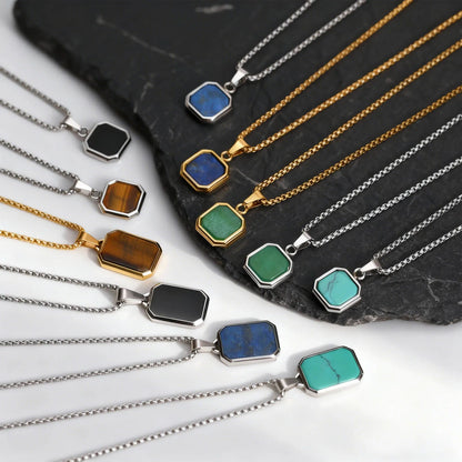 Trendy Pendant Necklaces for Men,Square Natural Stone Stainless Steel Necklaces,Hip Hop Healing Jewelry Gifts for Husband Dad