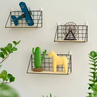 Floating Shelves Wall Mounted Wood Storage Display Shelf with Metal Wire Basket Hanging Rack for College Drom Bedroom Bathroom