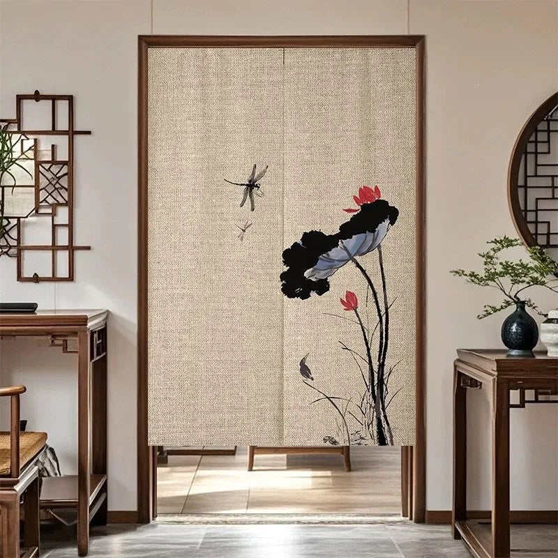VIKAMA Chinese Zen Style Noren Door Curtain - Linen Texture Noren Curtain for Home Bedroom Kitchen Partition Decor