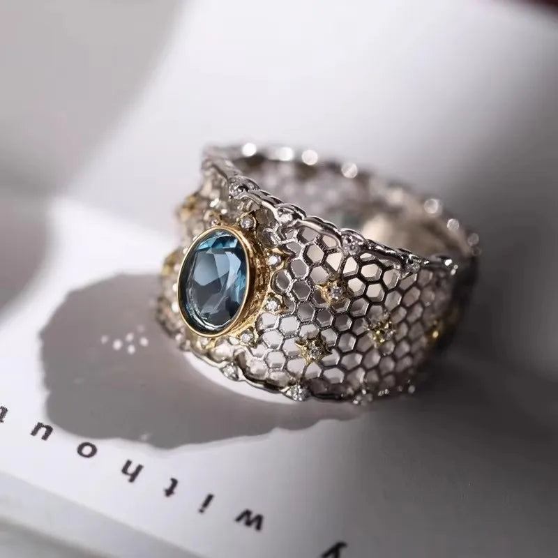 PANJBJ 925 Sterling Silver Geometry Crystal Ring For Women Ellipse Exaggerated Punk Water Drop Open Jewelry Gift Dropshipping