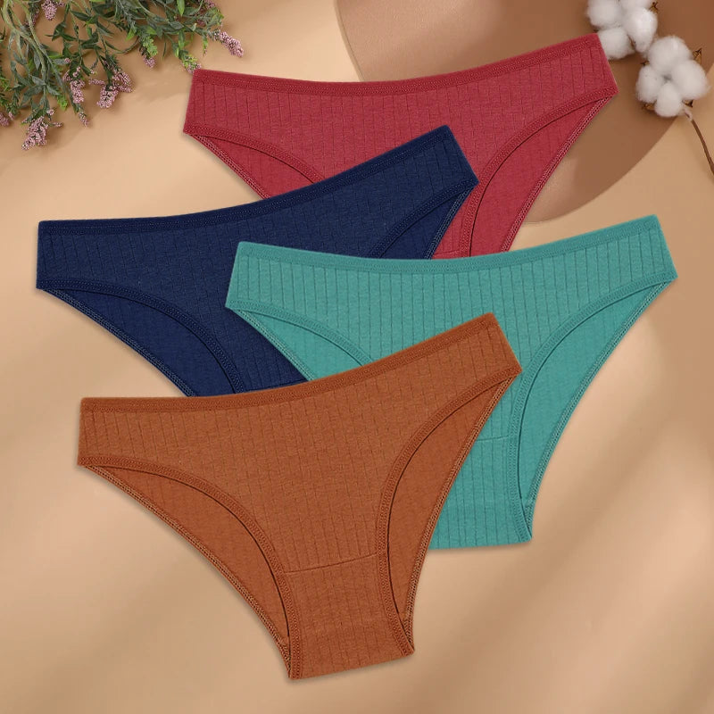 4Pcs/Set Cotton Panties Women Striped Solid Color Briefs Sexy Low-Waist Breathable Underpants Ladies Soft Stretch Lingerie M-XL