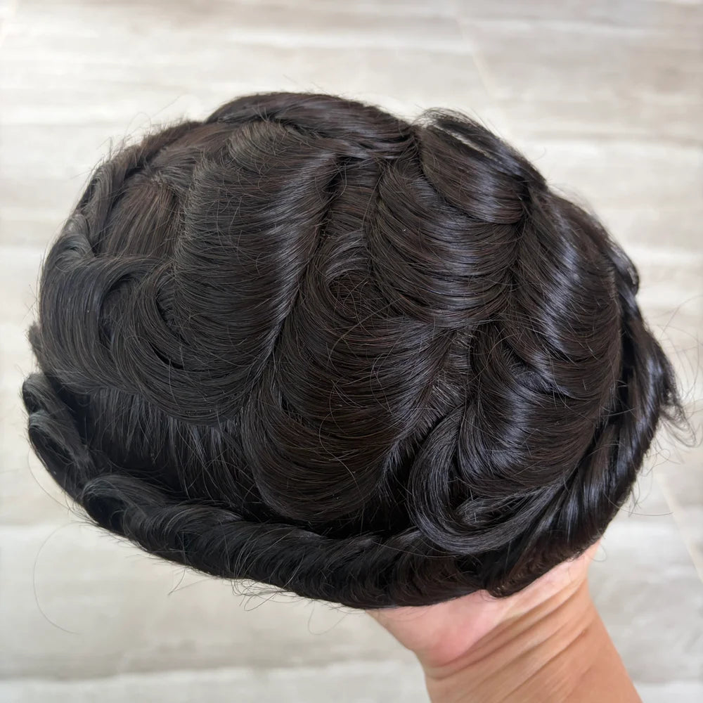 5 Inches Human Hair Brown Gray Blonde Natural Hairline Men's Toupee Long Last 0.1mm Poly Skin Silicon Base #4 1b50 Hair Replace