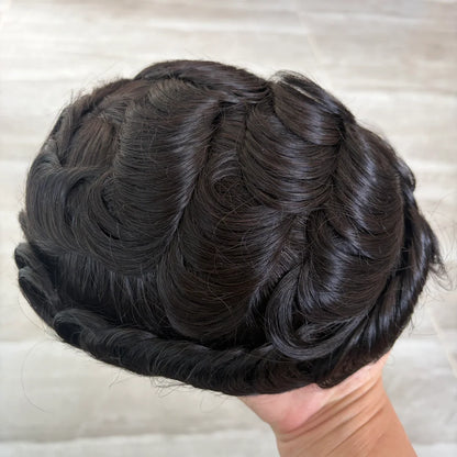 5 Inches Human Hair Brown Gray Blonde Natural Hairline Men's Toupee Long Last 0.1mm Poly Skin Silicon Base #4 1b50 Hair Replace
