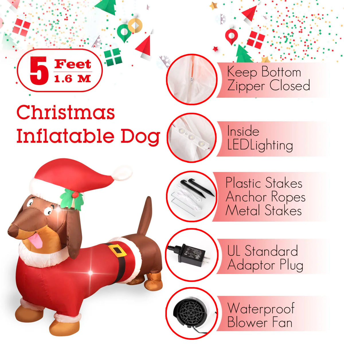 5FT Christmas Inflatable Dachshund Dog LED Lighted Blow Up Outdoor Yard Lawn Decoration for Home Garden Winter Holiday Party