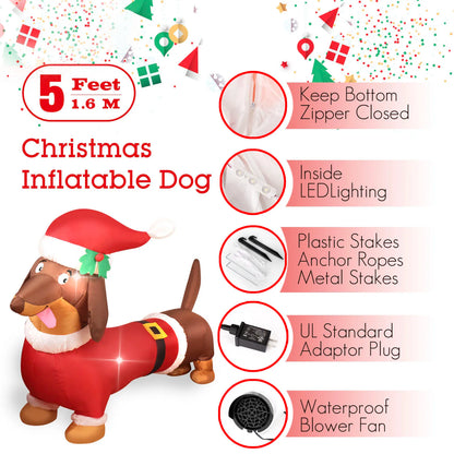 5FT Christmas Inflatable Dachshund Dog LED Lighted Blow Up Outdoor Yard Lawn Decoration for Home Garden Winter Holiday Party
