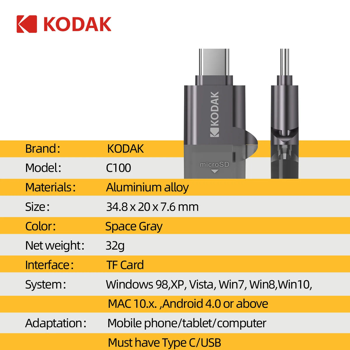 KODAK Type-C 3.0 Micro SD Card Reader TF Card Reader USB-C Adapter High Speed Memory Card Reader for Phone Laptop Tablet