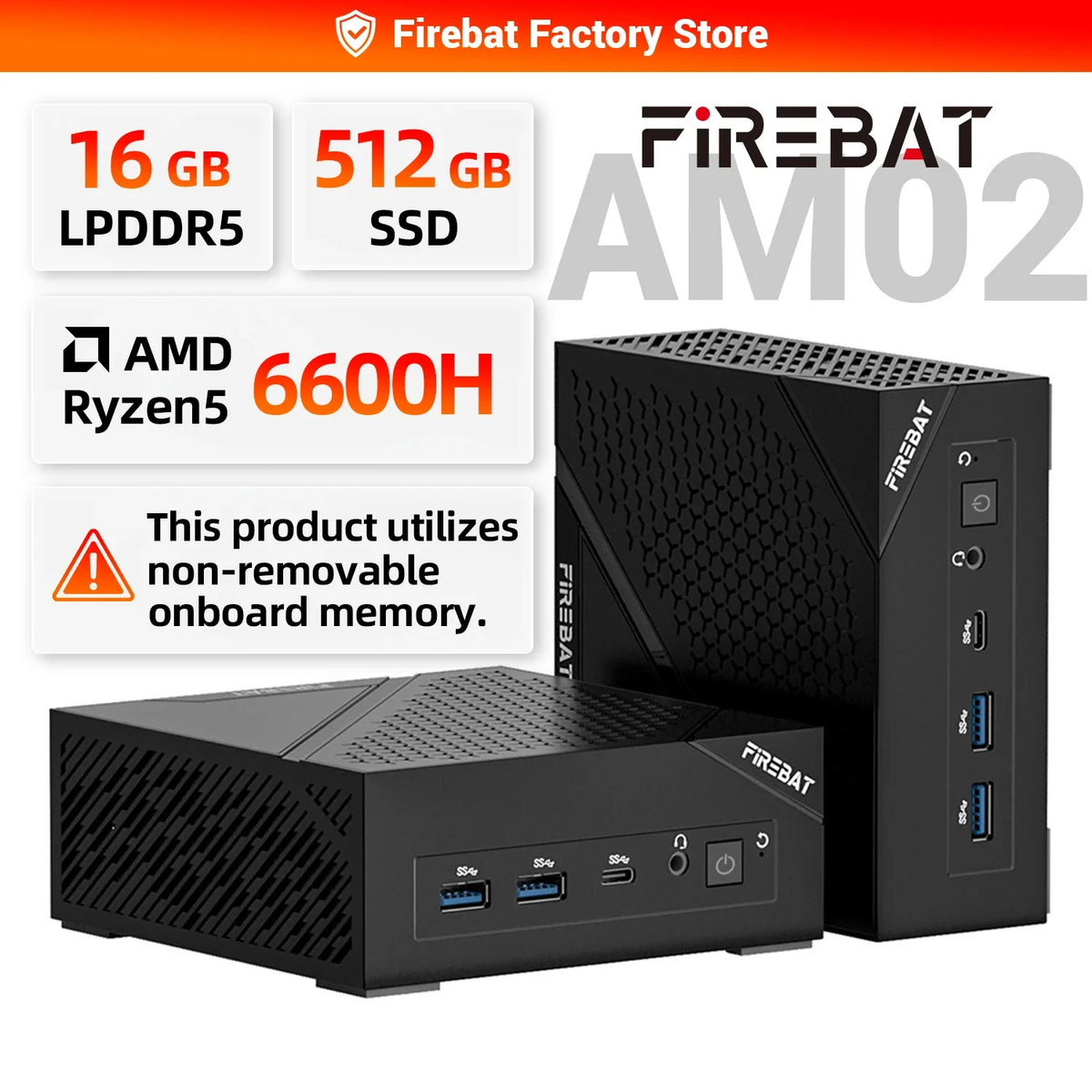FIREBAT AM02 Mini PC AMD Ryzen 5 6600H CPU 6C/12T 16GB LPDDR5 RAM 512GB SSD Windows 11 Desktop WIFI6 BT5.2 Gaming Computer
