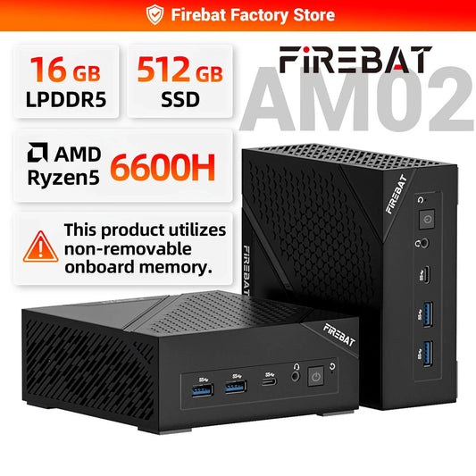 FIREBAT AM02 Mini PC AMD Ryzen 5 6600H CPU 6C/12T 16GB LPDDR5 RAM 512GB SSD Windows 11 Desktop WIFI6 BT5.2 Gaming Computer