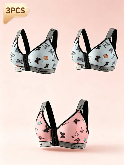 3pcs Women's Underwear Set, Multi-Color Front Closure Bra