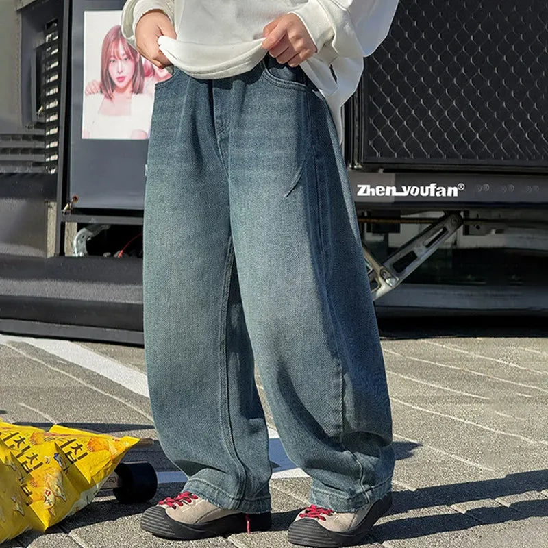 5-14Y Boys Jeans 2026 New Wide Straight Leg Denim Pant Children's Spring Autumn Big Children's Handsome Cotton Sports Pants
