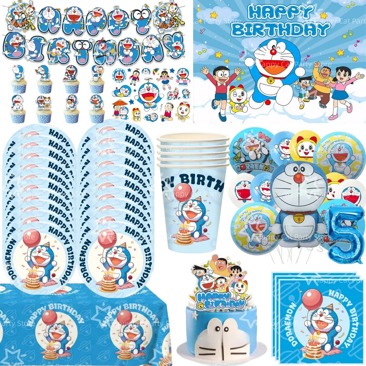 Cartoon Doraemoned Birthday Party Decoration Tableware Cup Plate Tablecloth Napkin Backdrop Cartoon Cat Party Favors Supplies
