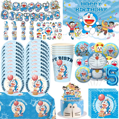 Cartoon Doraemoned Birthday Party Decoration Tableware Cup Plate Tablecloth Napkin Backdrop Cartoon Cat Party Favors Supplies