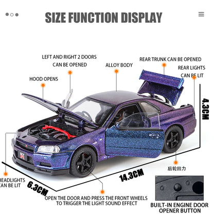 1:32 GTR Modified SKYLINE Supercar Alloy Car Diecast Metal Vehicle Model Sound Light Kids Toy Boy Gift CollectFast Furious Ornam