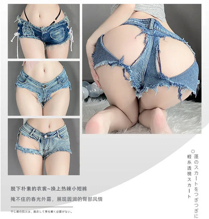 Sexy Low-rise Open Crotch Shorts Bodysuit with Distressed Denim Nightclub Lingerie Set