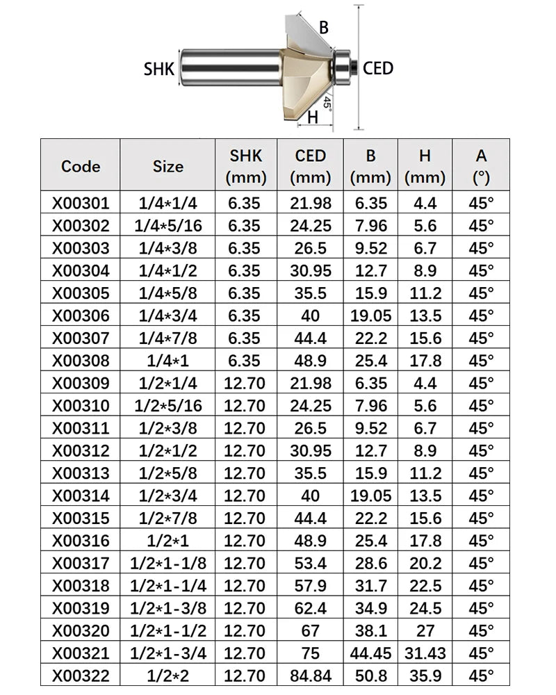 Tideway 45 Deg Bevel Edge Forming Chamfer Router Bits with Bearing Chamfering CNC Wood Cutting Tools Woodworking Milling Cutter