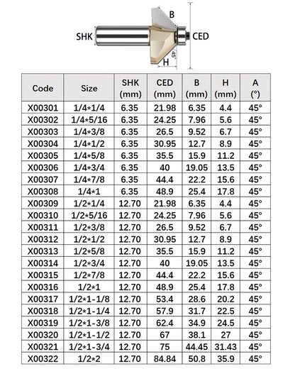 Tideway 45 Deg Bevel Edge Forming Chamfer Router Bits with Bearing Chamfering CNC Wood Cutting Tools Woodworking Milling Cutter