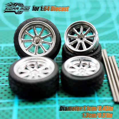Kicarmod 1/64 Model Car ABS Wheels with Rubber Tire Metal Rims Front Small Rear Large Refitting Parts For Model Car