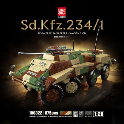 875 PCS MOC 1:25 Sd.Kfz.234/1 Heavy Armored Reconnaissance Vehicle Building Blocks Set, DIY Desktop Army Display Collectible