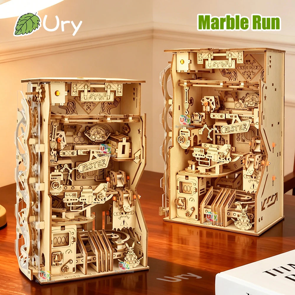 Ury 3D Wooden Puzzle Electric Track Device Marble Run Book Nook Set Counter Current Compass Model Ball Maze Assembly Gift
