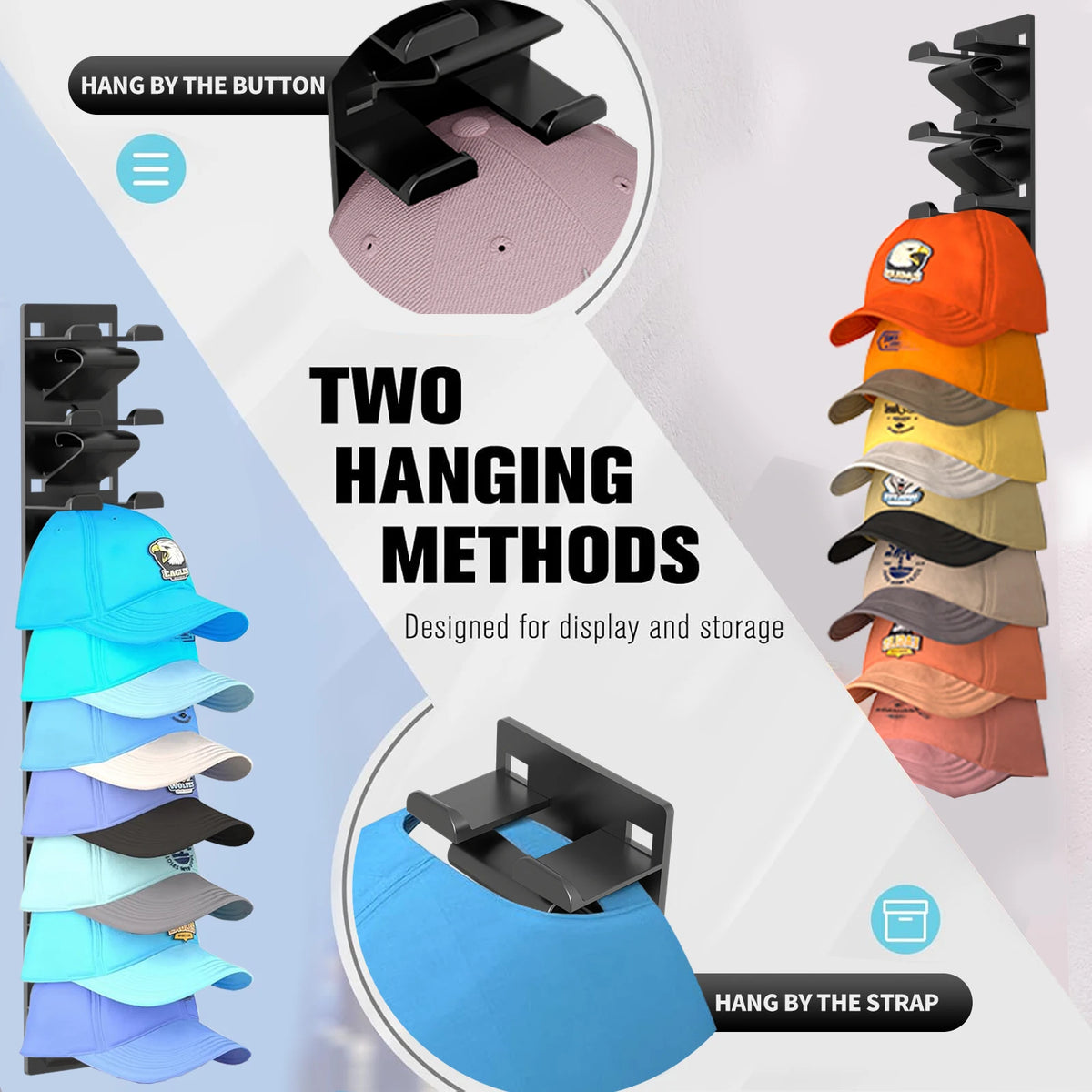 Hat Organizer for Baseball Caps 2Pack, Hat Rack for Wall with Strong Adhesive Hold up to 20 Hats, Hat Hanger Holder Display