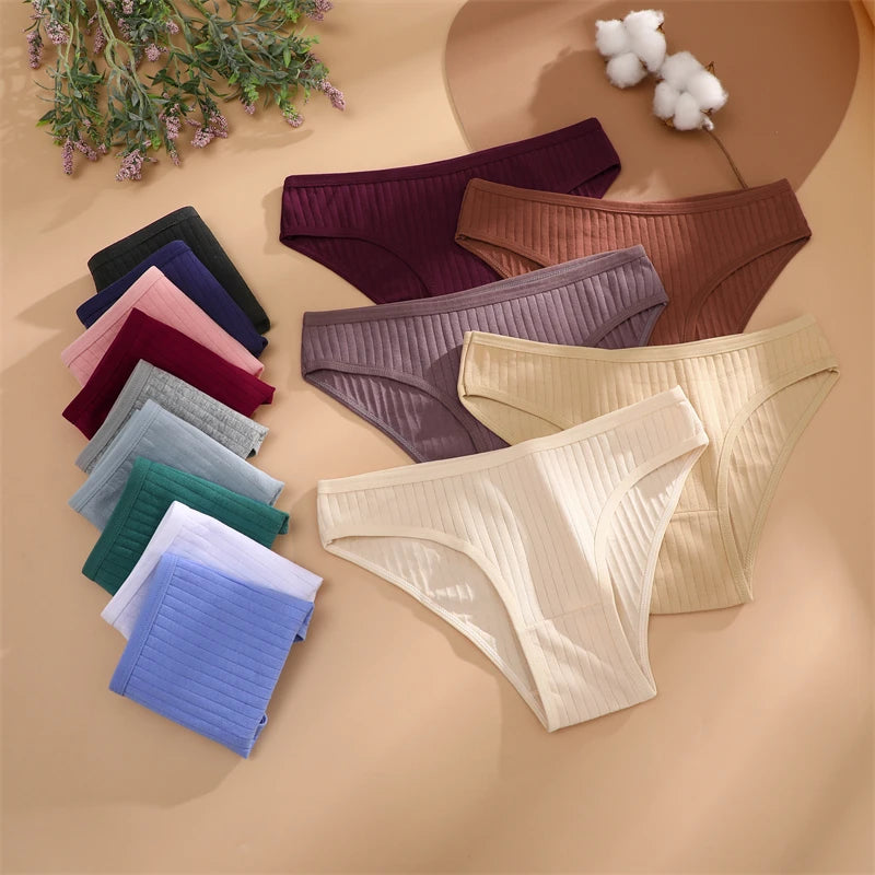 4Pcs/Set Cotton Panties Women Striped Solid Color Briefs Sexy Low-Waist Breathable Underpants Ladies Soft Stretch Lingerie M-XL