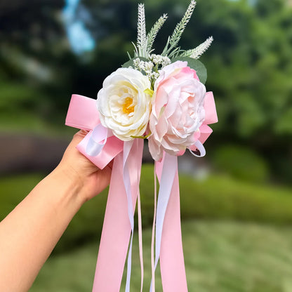 2pcs Artificial Rose Decor Flower with Suction Cup for Wedding Car Rearview Mirror Decor Ceremony Chair Back Floral Reception