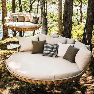 Outdoor Hanging Daybed Round Wicker Rattan Swing Bed Patio Garden Sofa Large Hammock Lounge Chair Waterproof Cushion