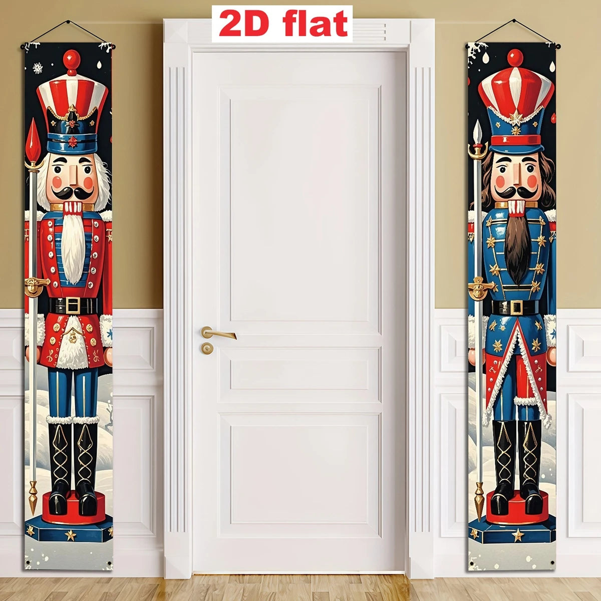 2Pcs Nutcracker Soldier Christmas Door Couplets 2D Flat Polyester Hanging Banner Xmas Front Porch Indoor Outdoor Holiday Decor
