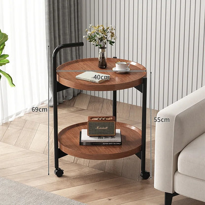 Nordic Style Rolling Side Table Multifunctional Double-Layer Coffee Table with Wheels Hardwood Side Table Movable Small Table