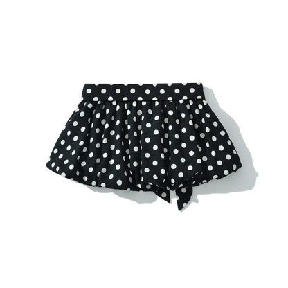 Sexy Black White Polka Dot Halter Tank Top + Tie Bow Sashes Elastic Waist Ruched Ball Gown BUD Mini Skirt 2 Pieces 1 Set