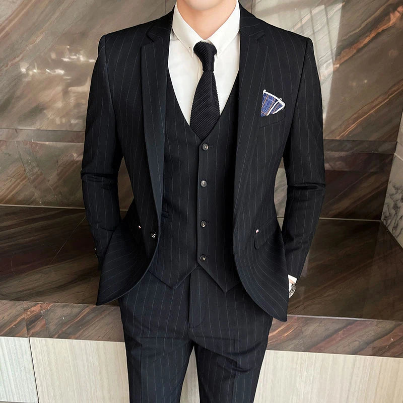 Winter Stripes Three-piece High-Grade Groom Wedding Suit with Vest And Trousers Business Fashion Handsome Casual Wedding Outfit
