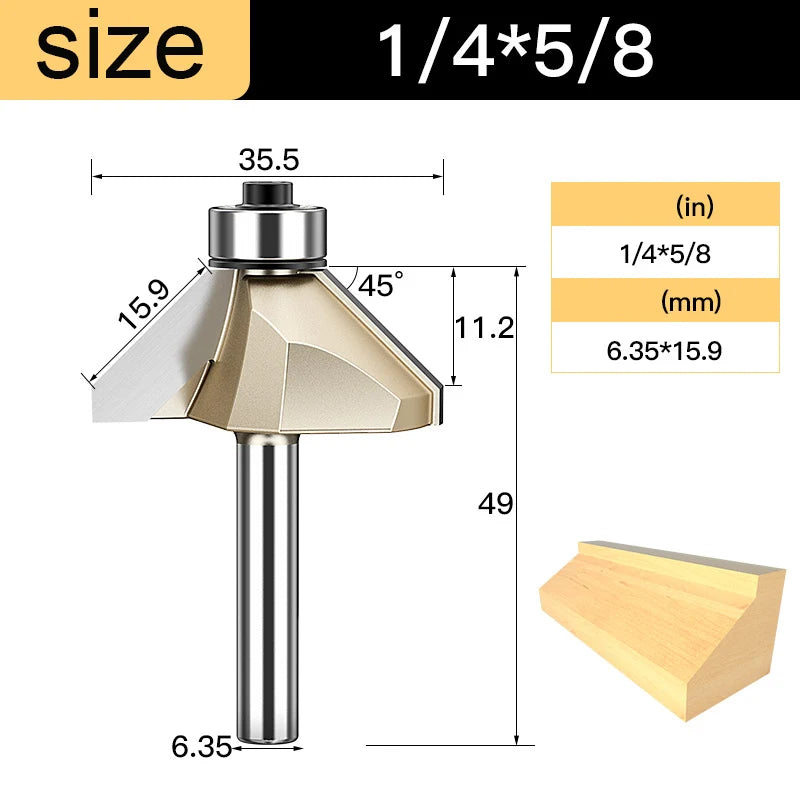 Tideway 45 Deg Bevel Edge Forming Chamfer Router Bits with Bearing Chamfering CNC Wood Cutting Tools Woodworking Milling Cutter
