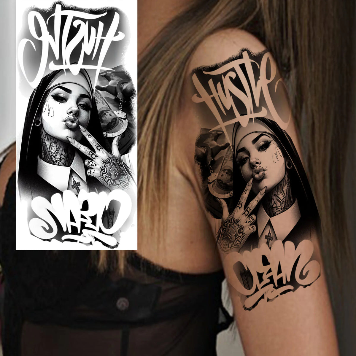 1 Sheets Chicano Prison Gangster Temporary Tattoos For Women Men Adults Fake Tattoo Sticker Water Transfer Self Adhesive Arm Leg