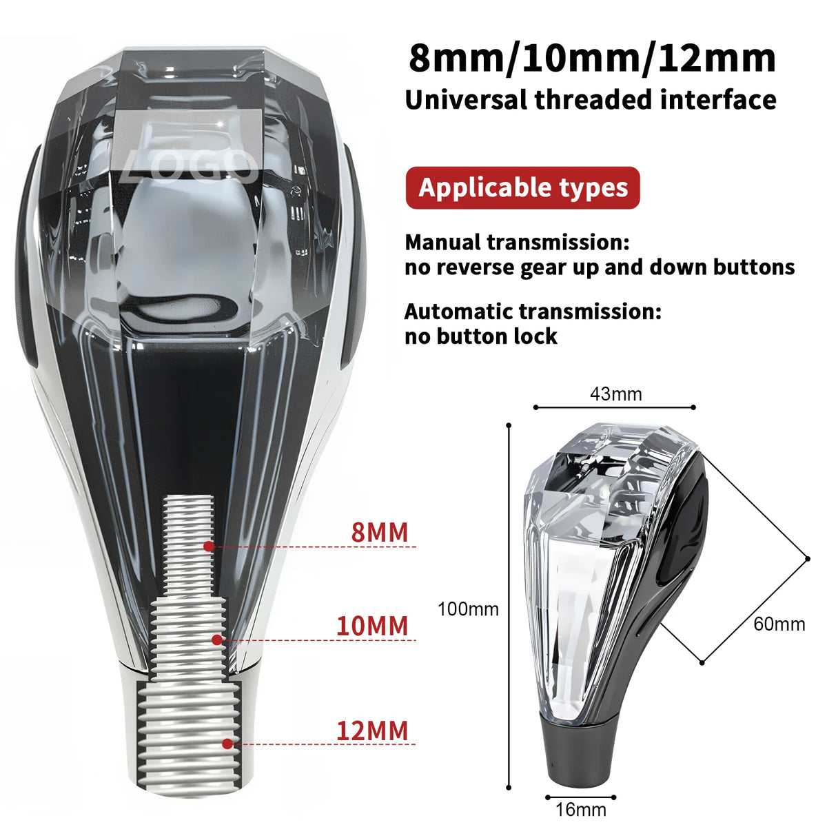 Crystal Shift Knob LED Seven Colors Suitable for 8-10-12MM Diameter 5-Speed/6-Speed Suitable for Toyota/Lexus/Mitsubishi/Honda