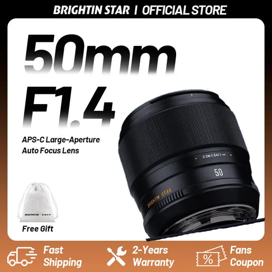 Brightin Star 50mm F1.4 AF APS-C Auto Focus DSLR Lens for Sony E ZVE10 A6400 a6000 A7 a5000 Fuji XF XT50 XPRO XA XH XM5 XE5