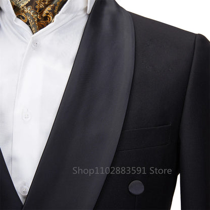 New 2026 Men Suit Black Satin Lapel Tuxedo 2 Pieces Double Breasted Wedding Shawl Lapel Party Costume Groom Male Wear