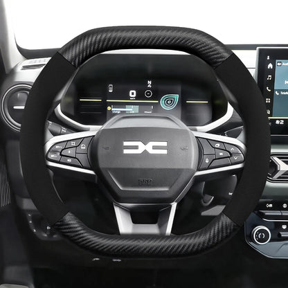 Suitable for Dacia Suede Matte Carbon Fiber Texture Steering Wheel Cover, Suitable for Models Such as Sandero Stepway, Duster, Jogger, Bigster, Spring, Electric, Cargo, Logan, Etc., Black Mocha Car Accessories