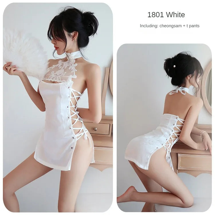 Seductive Retro Charm: Vintage-Style, Sheer, Hollow-Out Lingerie with Lace Qipao and Binding Straps for Tempting Uniform Allure