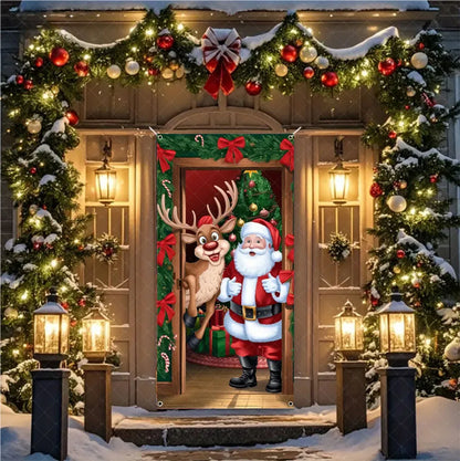 Christmas Theme Santa And Elk Backdrops Snowman Hanging Door Banner Indoor Outdoor Veranda Xmas Curtain Cover Festive Supplies
