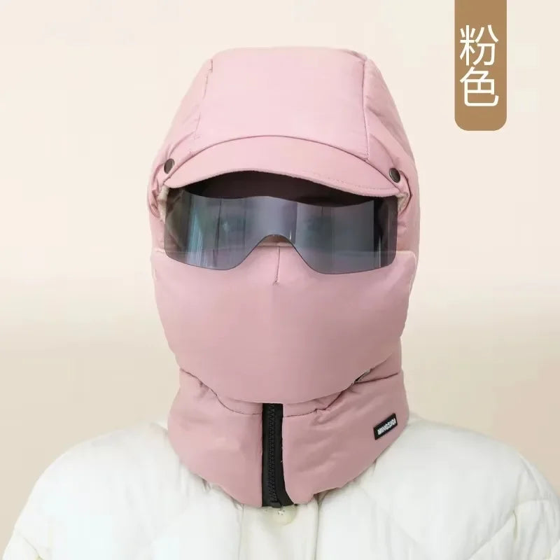 Winter Ski Hat Warm Windproof Full Cover Balaclava Mask with Glasses Adjustable Thermal Plush Thickened Unisex Motorcycle Mask