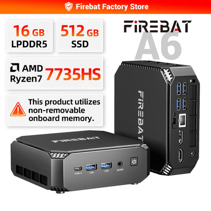 FIREBAT A6 MiniPC AMD R7 7735HS Dual Band WiFi6 BT5.2 16GB LPDDR5 RAM 512GB SSD Windows 11 Desktop Gaming Computer Mini PC