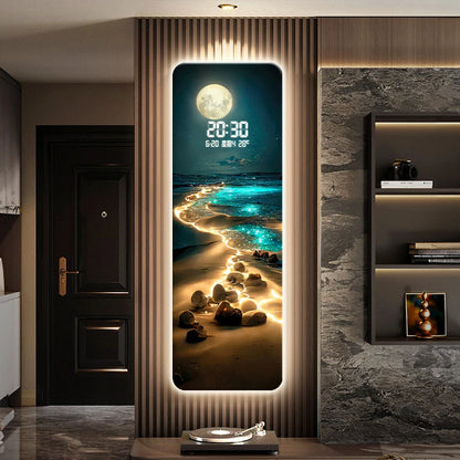 Wave painting, living room clock, moon digital display, intelligent electronic clock, entrance decoration, painted lights