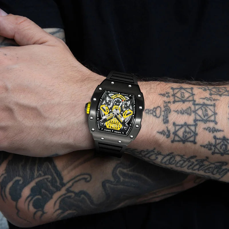 PINDU Design Automatic Watch For Men Hollow Mechanical Luminous Waterproof Casual Business Brand Wine barrel Wristwatch