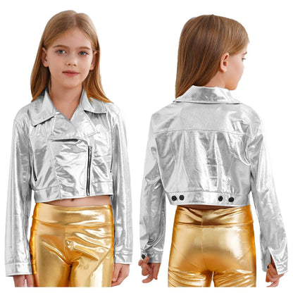 Kid Girls Boys Zipper Metallic Motorcycle Jacket Coat Hip-Hop Jazz Street Dance Outwear School Party Stage Performance Dancewear