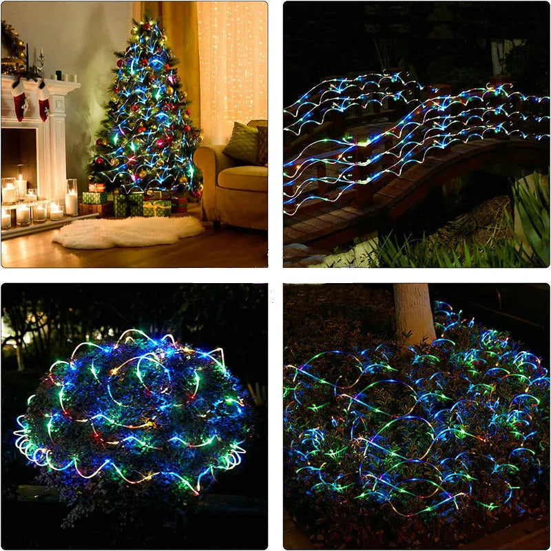 12m/22m/32m Solar Powered Christmas Tree Flexible Fairy Tube Rope String Lights W/Remote Control Copper Wire Outdoor Decoration