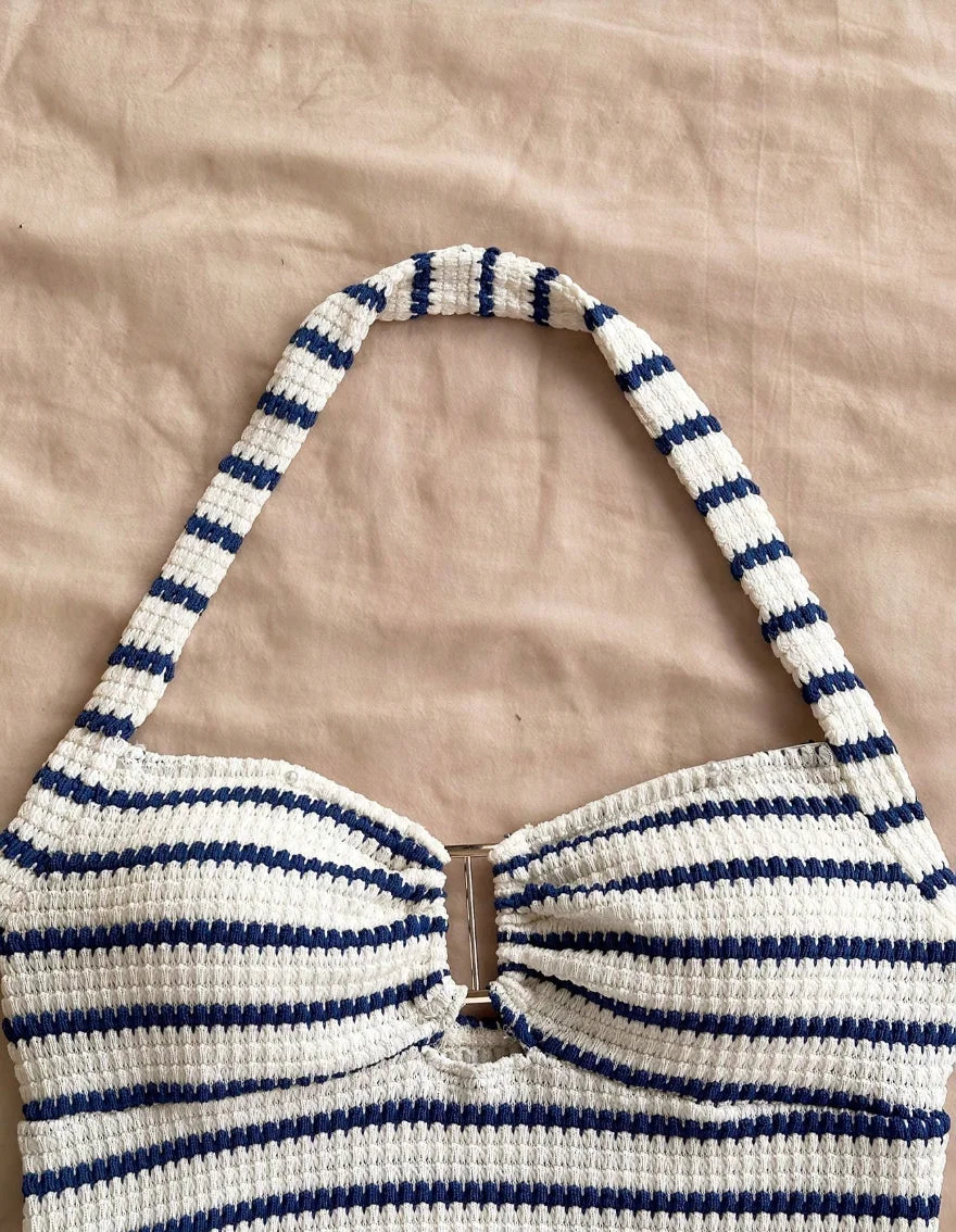 Summer Textured Knit Halter Top Shorts Two Piece Outfit, Classic Nautical Stripes Paired With Breathable Knit Fabric, Ideal For