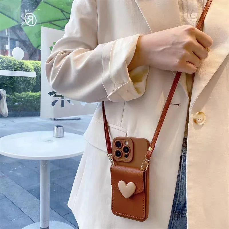Love Wallet Lanyard Case for iPhone 17 Pro Max 17Air 11 12 13 15 Pro 16 14 Plus Crossbody Strap Fashion Leather Cute Bag Cover