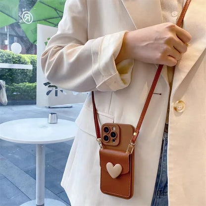 Love Wallet Lanyard Case for iPhone 17 Pro Max 17Air 11 12 13 15 Pro 16 14 Plus Crossbody Strap Fashion Leather Cute Bag Cover
