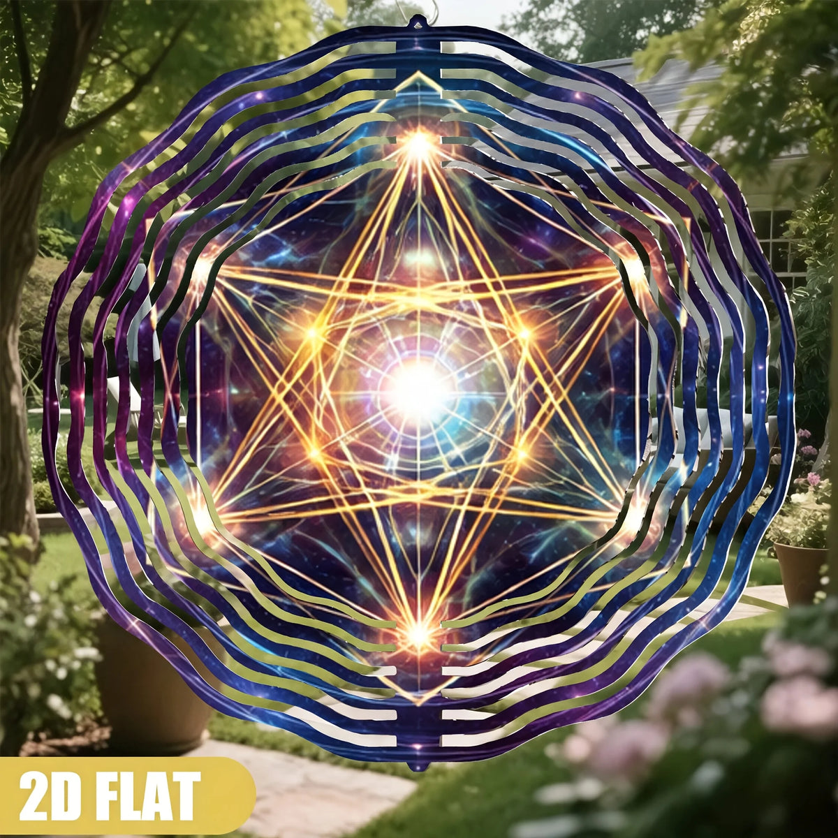 1pc Sacred Geometry Metal Wind Chime with Flower of Life & Merkaba - Iron Hanging Outdoor/ Wind- Chime, 360° Rotating Hook